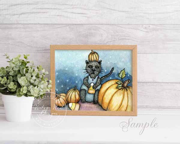 Digital Print Candy Corn Kitty No.1 Watercolor Painting Instant Download