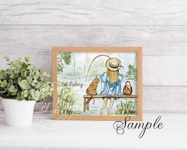 Cat Fishing No.1 ACEO Digital Print Watercolor Painting