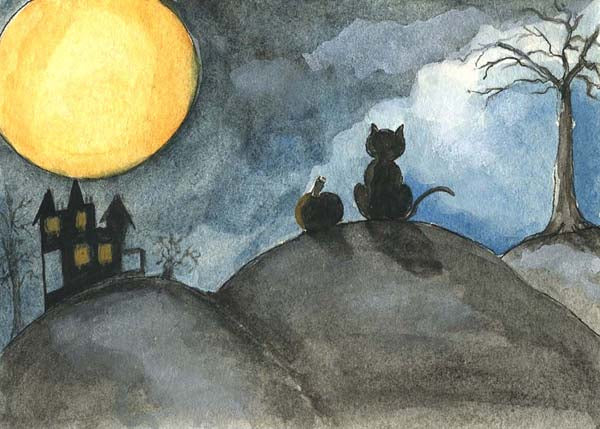 Digital Print The Cat & the Moon No.1 ACEO Watercolor Instant Download