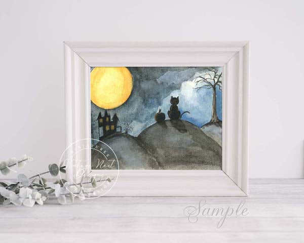 Digital Print The Cat & the Moon No.1 ACEO Watercolor Instant Download