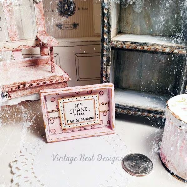 Miniature Perfume Chan No.1:1 Handmade for Dolls Pink Wooden Framed Art Diorama Shadow Box