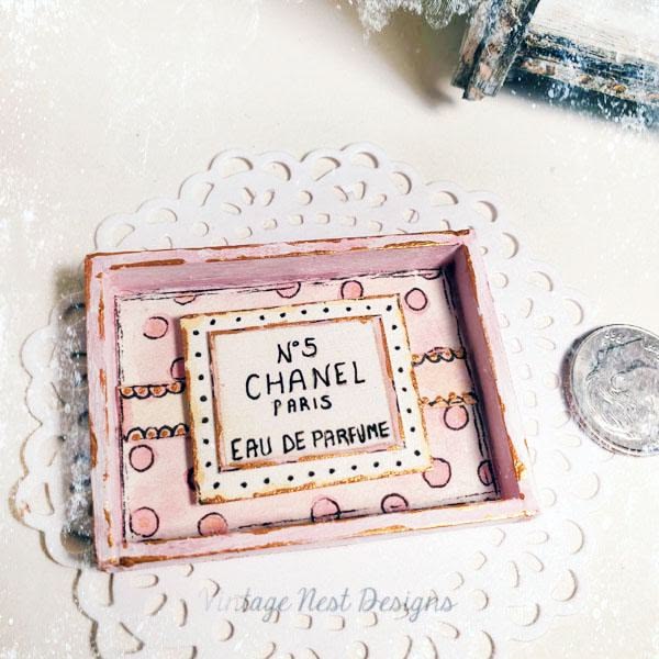 Miniature Perfume Chan No.1:1 Handmade for Dolls Pink Wooden Framed Art Diorama Shadow Box