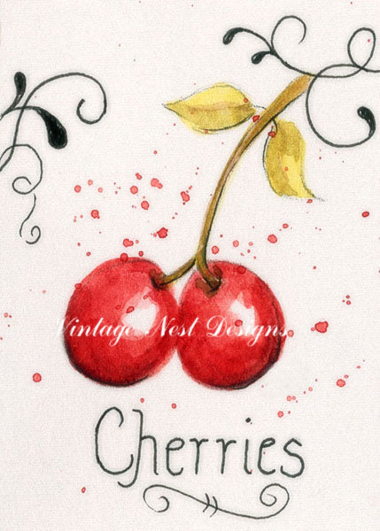Digital Print Cherries No.1 Watercolor Painting Instant Download