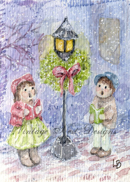 Digital Print Christmas Children Carolers No.1 Watercolor Painting Instant Download