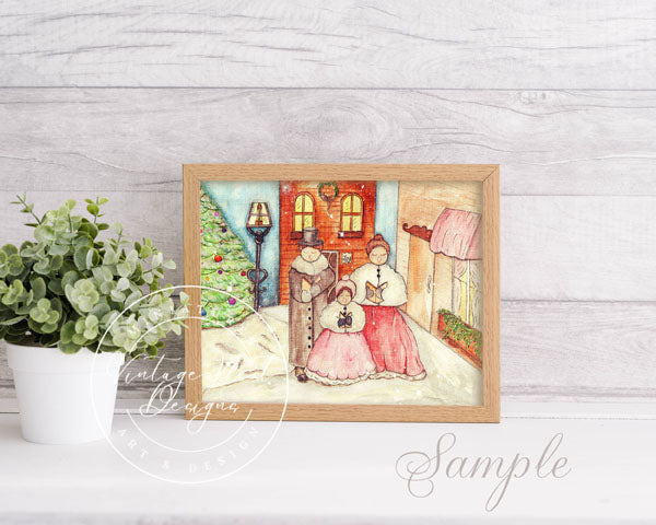 Digital Print Christmas Carolers No.1:1 Watercolor Painting Instant Download