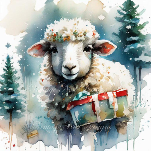 Impression numérique numéro 1 - Brebis de Noël à l'aquarelle