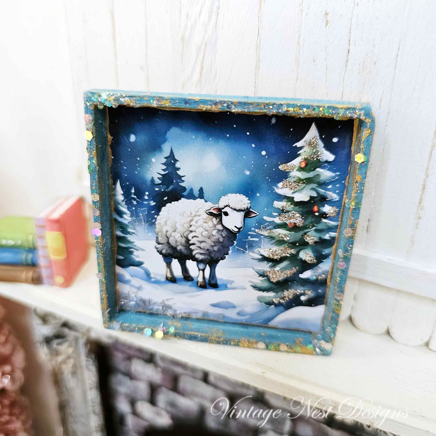 Miniature Christmas Ewe No.2:1 Dollhouse Handmade Wooden Framed Art
