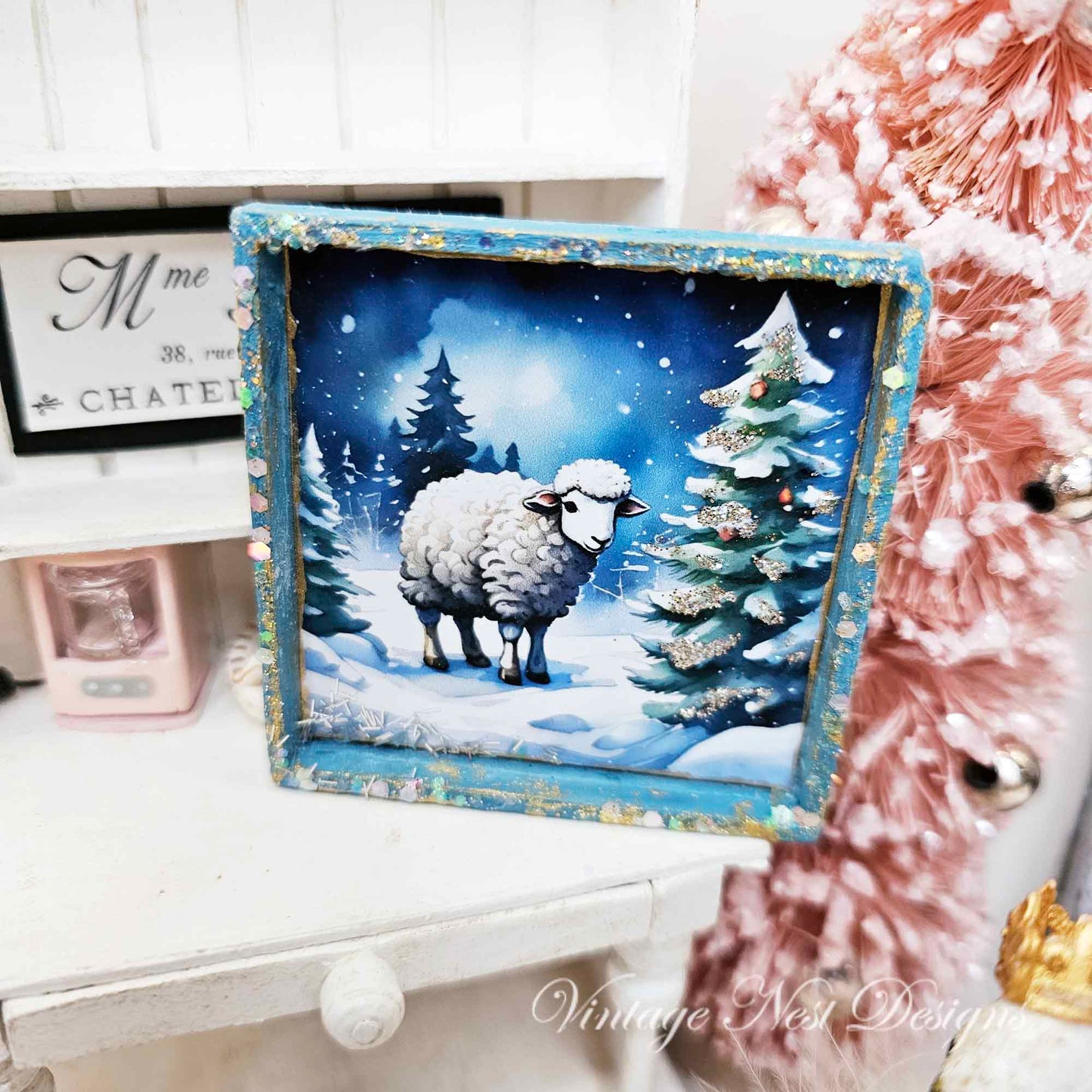 Miniature Christmas Ewe No.2:1 Dollhouse Handmade Wooden Framed Art