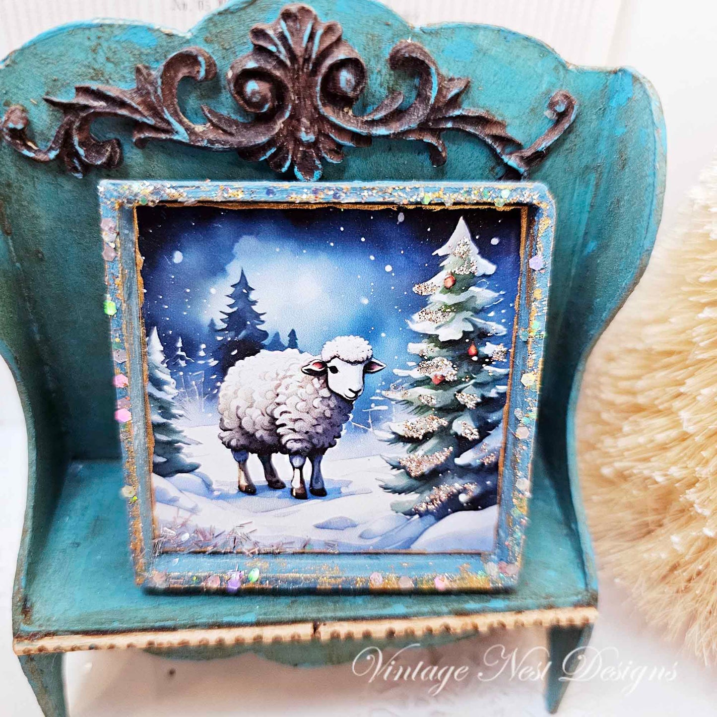 Miniature Christmas Ewe No.2:1 Dollhouse Handmade Wooden Framed Art