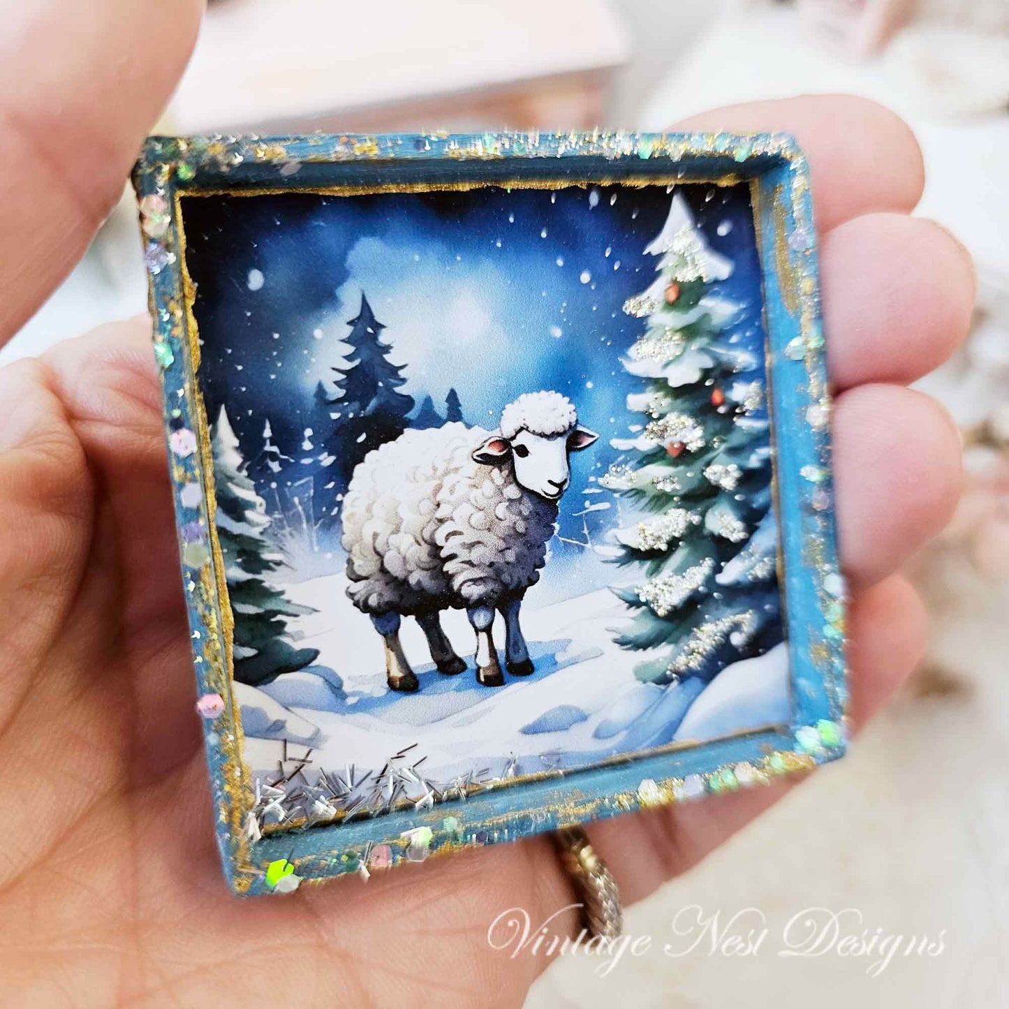 Miniature Christmas Ewe No.2:1 Dollhouse Handmade Wooden Framed Art