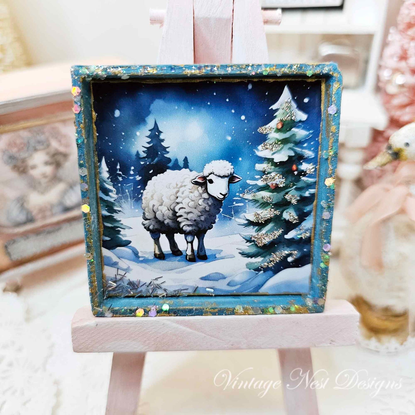 Miniature Christmas Ewe No.2:1 Dollhouse Handmade Wooden Framed Art