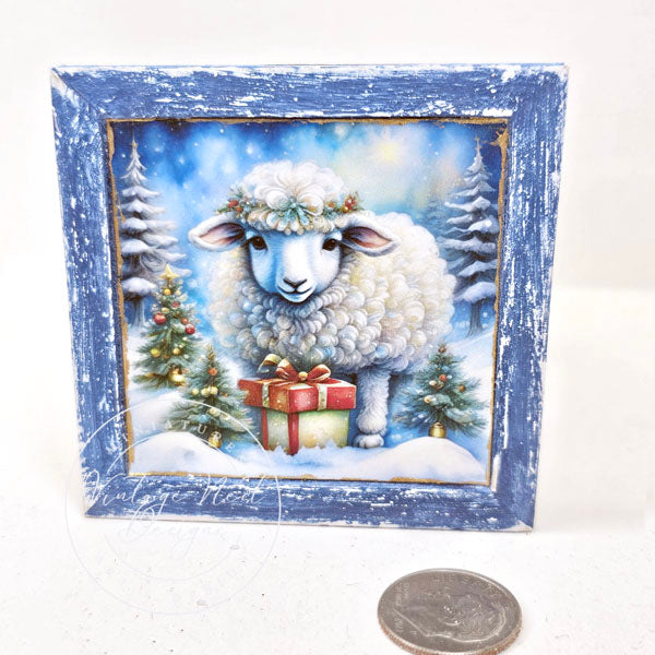 Miniature Christmas Ewe No.5:1 Handmade Wooden Framed Art for Dollhouse