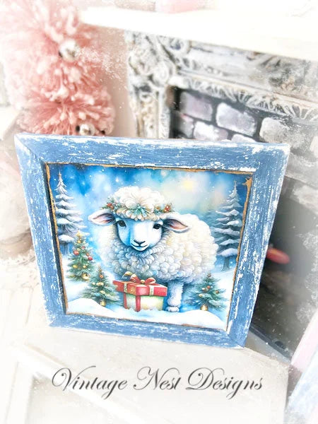 Miniature Christmas Ewe No.5:1 Handmade Wooden Framed Art for Dollhouse