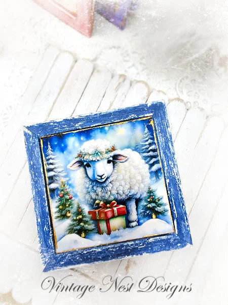 Miniature Christmas Ewe No.5:1 Handmade Wooden Framed Art for Dollhouse
