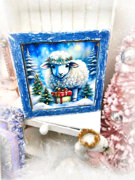 Miniature Christmas Ewe No.5:1 Handmade Wooden Framed Art for Dollhouse