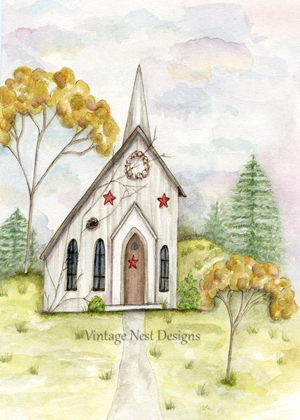 Digital Print Primitive Church No.2 Watercolor Painting