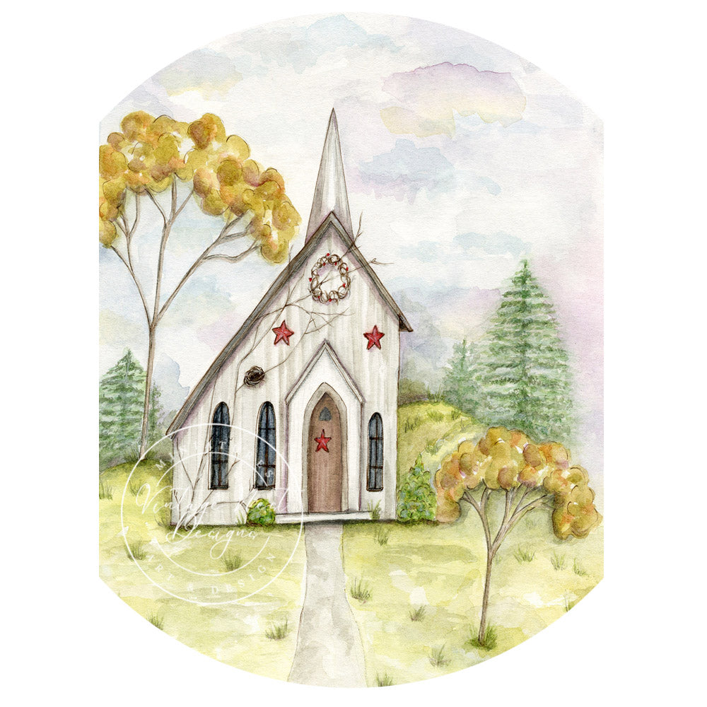 Digital Print Primitive Church No.2 Watercolor Painting