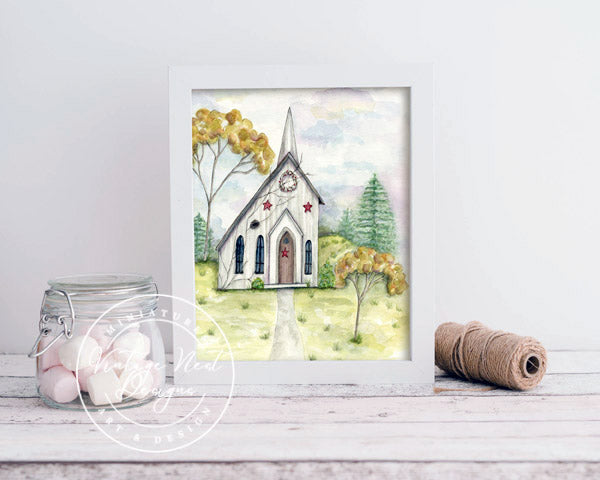Digital Print Primitive Church No.2 Watercolor Painting