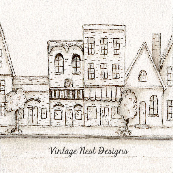 Digital Print City Life 1:2 Pencil Drawing Illustration Instant Download