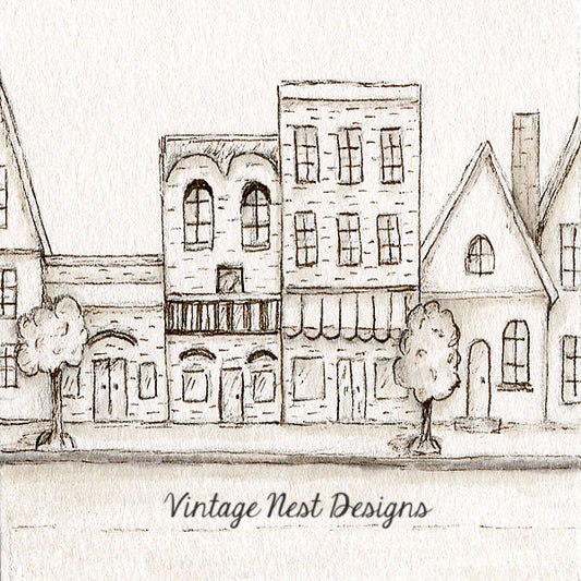 Digital Print City Life 1:2 Pencil Drawing Illustration Instant Download