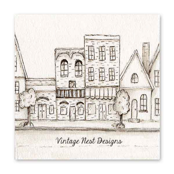 Digital Print City Life 1:2 Pencil Drawing Illustration Instant Download