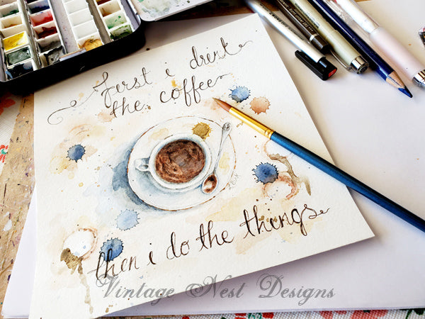 Digital Print But Coffee First Sign No.4 Watercolor Painting Instant Download
