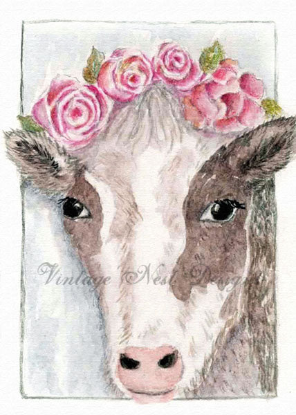 Digital Print Cow with Roses No.1 ACEO Watercolor Painting Instant Download