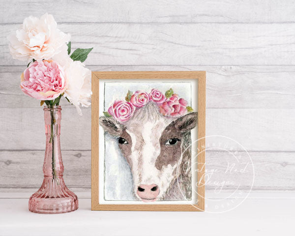 Impression numérique Vache avec Roses N°1 Peinture aquarelle ACEO Téléchargement instantané