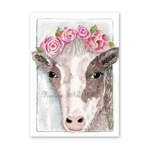 Impression numérique Vache avec Roses N°1 Peinture aquarelle ACEO Téléchargement instantané