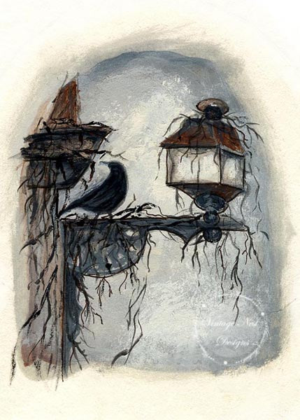 Digital Print Crow Lantern No.1 ACEO Watercolor Painting Instant Download