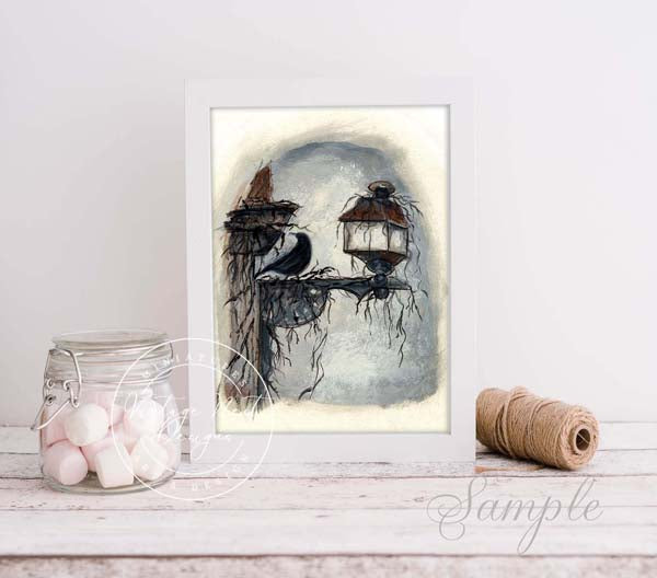 Digital Print Crow Lantern No.1 ACEO Watercolor Painting Instant Download