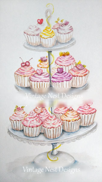 Digital Print Cupcake Tiers No.1 Watercolor Painting Instant Download