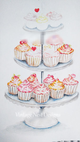 Digital Print Cupcake Tiers No.1 Watercolor Painting Instant Download