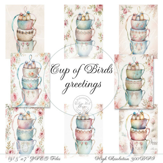 Digital Prints Cup of Birds No.1 Greetings Instant Download