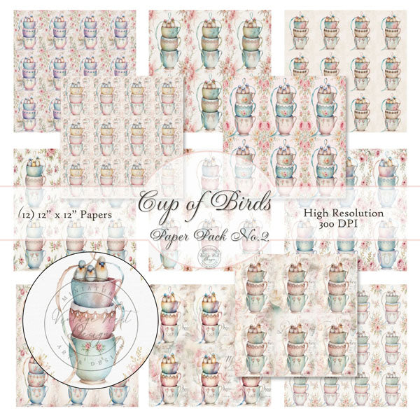 Digital Prints Cup of Birds Paper Pack No.2 Instant Download