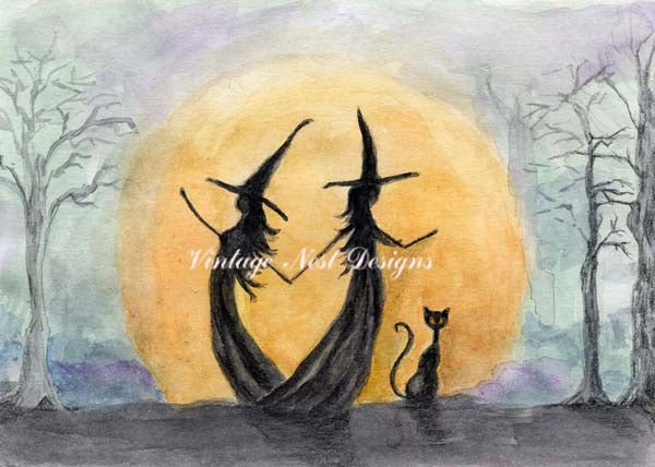 Dancing Witches No.1 ACEO Digital Print Watercolor Painting