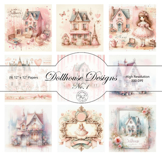 Collage of dollhouse designs with a girl and miniature house, featuring the brand 'Dollhouse Designs'.