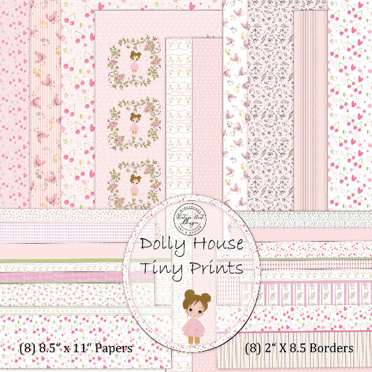 Collection of Dolly House Tiny Prints paper pack with various patterns on a pink background.