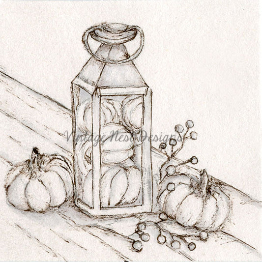 Digital Print Fall Lantern Pumpkin Scene No.1 Pencil Drawing