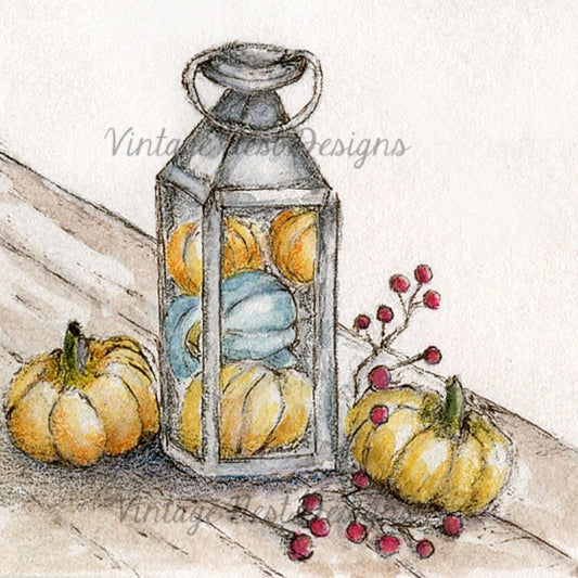 Digital Print Fall Lantern Pumpkin Scene No.1 Watercolor Painting Miniature