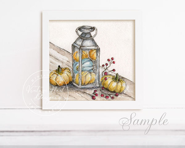 Digital Print Fall Lantern Pumpkin Scene No.1 Watercolor Painting Miniature