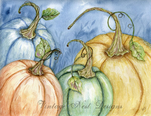 Digital Print Fall Halloween Pumpkins No.1 Watercolor Painting Instant Download