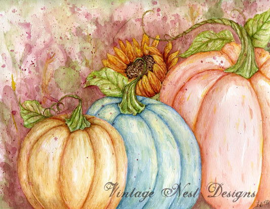 Digital Print Fall Halloween Pumpkins No.2 Watercolor Painting Instant Download