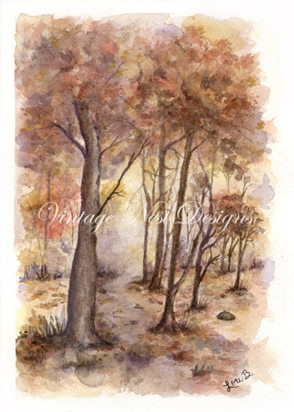 Digital Print Fall Trees No.1 Watercolor Painting Instant Download