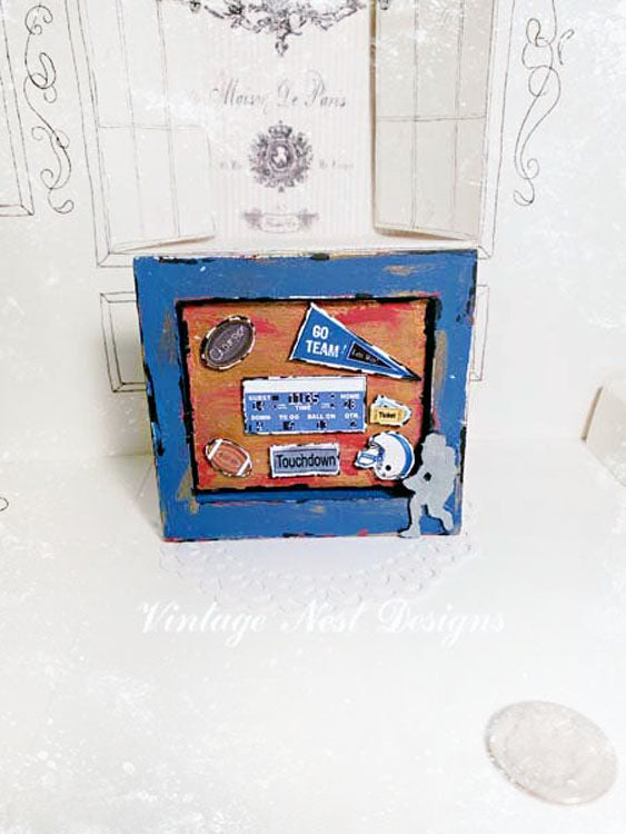 Miniature Football Collage No.1 Blue Wood Frame Dollhouse Diorama Shadow Box