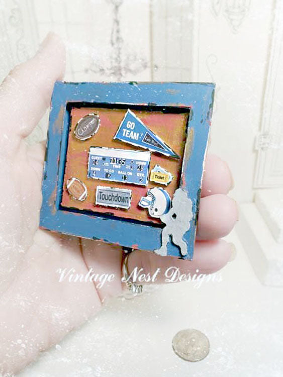 Miniature Football Collage No.1 Blue Wood Frame Dollhouse Diorama Shadow Box