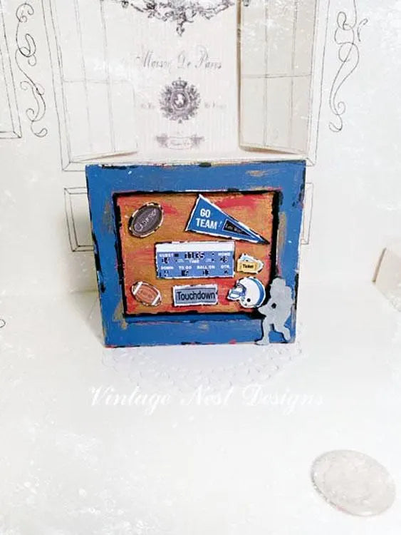 Miniature Football Collage No.1 Blue Wood Frame Dollhouse Diorama Shadow Box