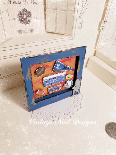 Miniature Football Collage No.1 Blue Wood Frame Dollhouse Diorama Shadow Box