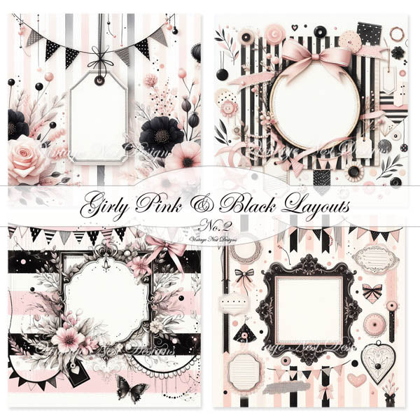 Digital Scrapbooking Pink & Black Layouts No.2 Illustration Instant Download