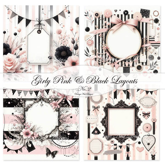 Digital Scrapbooking Pink & Black Layouts No.2 Illustration Instant Download